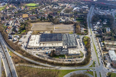 Aerial view, area at the motorway A42 junction AS20 Herne-Crange, former location of refugee homes,