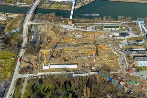 Aerial view, new construction of a gas and steam turbine power plant of STEAG at the coal-fired