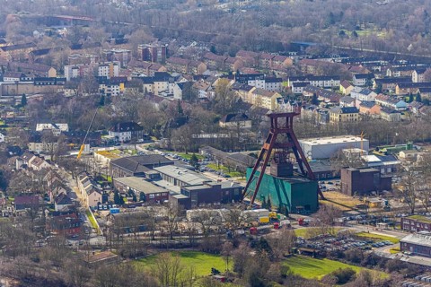 Aerial view, industrial area, former coal mine, double trestle winding tower of the former Pluto