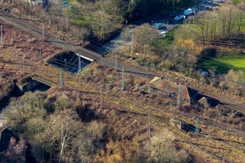 Aerial view, seven bridges, Günterstraße, railway subway, marshalling yard, former signal box,