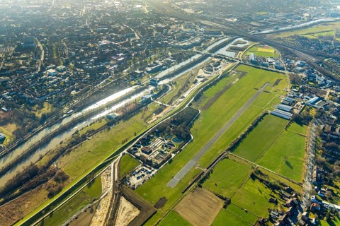 Aerial photo, Lippewiesen, reconstruction of Lippe meadows between Hamm-Lippewiesen airfield and