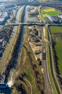 Aerial view, construction area Jupp-Eickhoff-Weg, river Lippe, Datteln-Hamm canal, Hamm, Ruhr area,