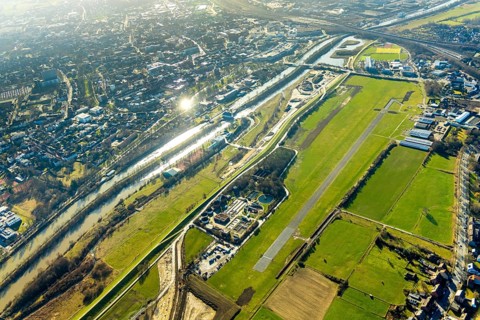Aerial photo, Lippewiesen, reconstruction of Lippe meadows between Hamm-Lippewiesen airfield and
