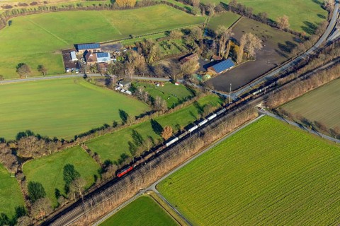 Aerial view, railway tracks, railway line, Pink Ponyhof riding school and Geue horse boarding,