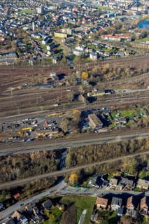 Aerial view, seven bridges, Günterstraße, railway subway, marshalling yard, former signal box,