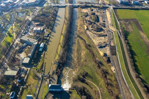 Aerial view, construction area Jupp-Eickhoff-Weg, river Lippe, Datteln-Hamm canal, Hamm, Ruhr area,