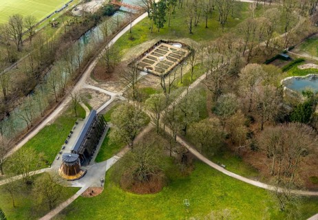 Aerial view, graduation house garden and graduation house in Hamm spa gardens, Bad Hamm, Hamm, Ruhr