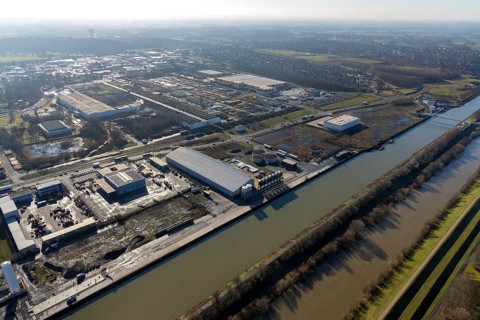 Aerial view, industrial area harbour Hamm between Hugo Schneider GmbH and Lanfer, Datteln-Hamm