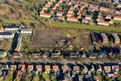 Aerial view, residential area at Herringer Bach, former Bolsplatz Diesterwegstraße, construction