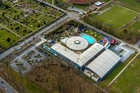Aerial view, Maximare Erlebnistherme, adventure pool, Bad Hamm, Hamm, Ruhr area, North
