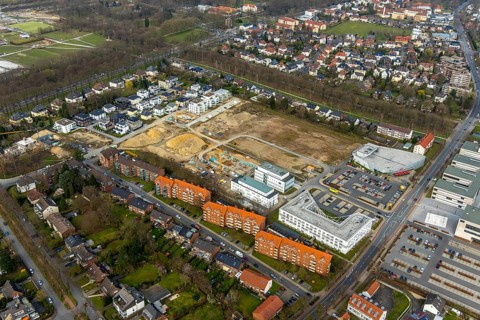 Aerial view, construction area SCI:Q Science Quarter Hamm, Bad Hamm, Hamm, Ruhr area, North