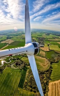 Aerial photo, Hamm-Uentrop, fisheye picture, view over the aeroplane, flight over fields,