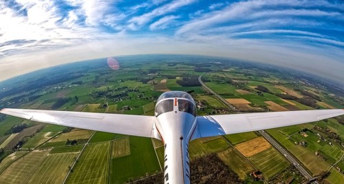 Aerial photo, Hamm-Uentrop, fisheye picture, view over the aeroplane, flight over fields,