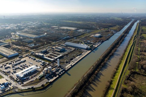 Aerial view, industrial area harbour Hamm between Hugo Schneider GmbH and Lanfer, Datteln-Hamm