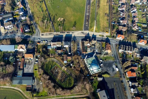 Aerial view, Barbara-Stadion, Ulu Mosque, Herringen, Hamm, Ruhr area, North Rhine-Westphalia,