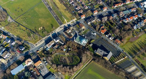 Aerial view, Barbara-Stadion, Ulu Mosque, Herringen, Hamm, Ruhr area, North Rhine-Westphalia,