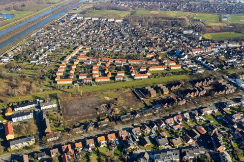 Aerial view, residential area at Herringer Bach, former Bolsplatz Diesterwegstraße, construction