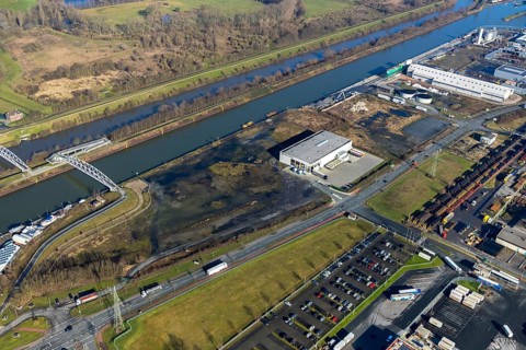 Aerial view, industrial area harbour Hamm between Hugo Schneider GmbH and Lanfer, Datteln-Hamm
