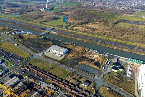 Aerial view, industrial area harbour Hamm between Hugo Schneider GmbH and Lanfer, Datteln-Hamm