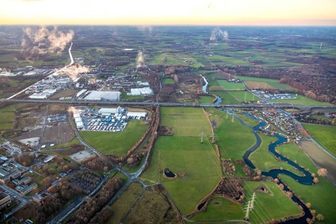 Aerial view, Lippe floodplain Uentrop, motorway A1, exit Uentrop, campsite Uentrop, Funke