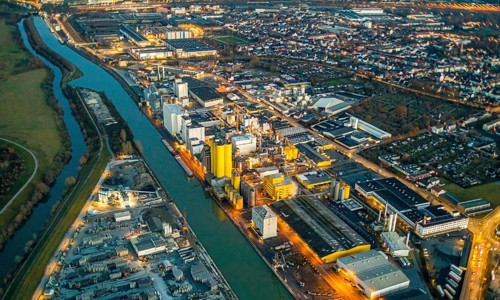 Aerial view, Hammer harbour, Datteln-Hamm canal. River Lippe, Brökelmann + Co, Ölmühle und
