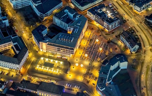 Aerial view, night view of Hamm main station, Bahbofsvorplatz, Hamm library, Platz der Deutschen