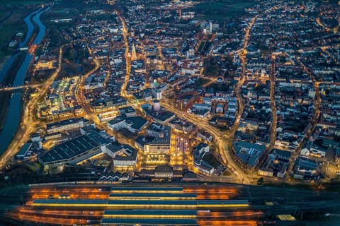 Aerial view, night view of Hamm main station, Bahbofsvorplatz, Hamm library, Platz der Deutschen