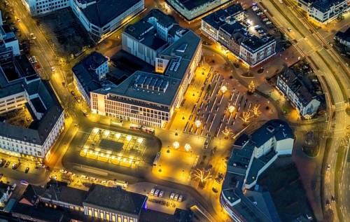 Aerial view, night view of Hamm main station, Bahbofsvorplatz, Hamm library, Platz der Deutschen
