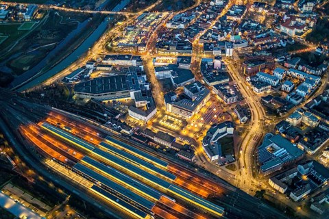 Aerial view, night view of Hamm main station, Bahbofsvorplatz, Hamm library, Platz der Deutschen