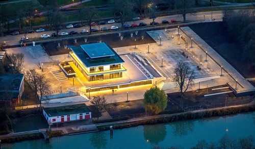 Aerial view, water sports centre and the adjacent lock area, rowing club, water sports club,