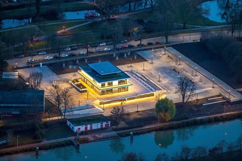 Aerial view, water sports centre and the adjacent lock area, rowing club, water sports club,