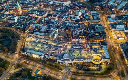 Aerial view, night view of Alleecenter, ECE, shopping centre, city centre Hamm, Mitte, Hamm, Ruhr