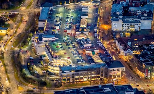 Aerial view, night view of Alleecenter, ECE, shopping centre, city centre Hamm, Mitte, Hamm, Ruhr