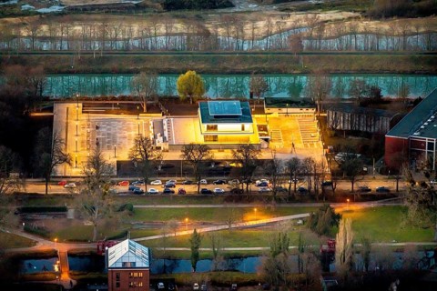 Aerial view, water sports centre and the adjacent lock area, rowing club, water sports facilities,
