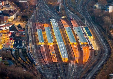 Aerial view, platforms Hamm main station, twilight shot, night shot, station forecourt, ICE line,