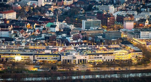 Aerial view, overview of Hamm at night, technical town hall, station forecourt, Alleecenter ECE,