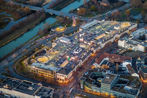 Aerial view, twilight view of Hamm, shopping centre Alleecenter Hamm, ECE, Mitte, Hamm, Ruhr area,