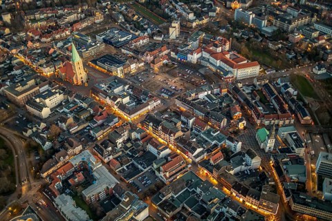 Aerial view, city centre Hamm, Pauluskirche, market place without Christmas market,