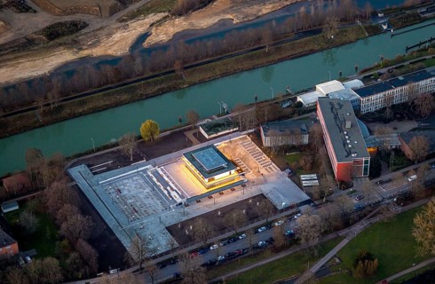 Aerial view, water sports centre and the adjacent lock area, rowing club, water sports club,