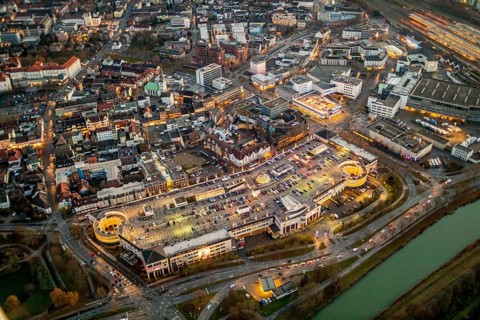 Aerial view, twilight view of Hamm, shopping centre Alleecenter Hamm, ECE, Mitte, Hamm, Ruhr area,