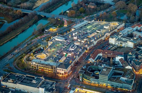 Aerial view, twilight view of Hamm, shopping centre Alleecenter Hamm, ECE, Mitte, Hamm, Ruhr area,
