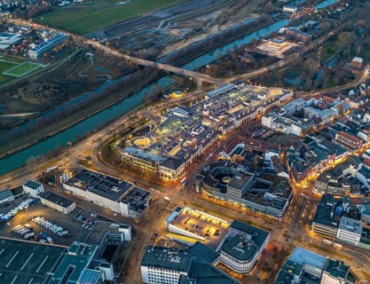 Aerial view, night view of Alleecenter, ECE, shopping centre, city centre Hamm, Mitte, Hamm, Ruhr