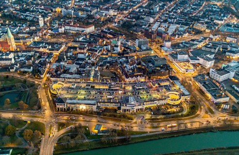Aerial view, night view of Alleecenter, ECE, shopping centre, city centre Hamm, Mitte, Hamm, Ruhr