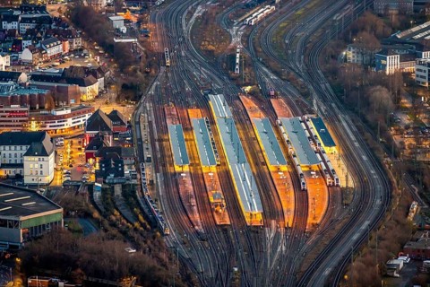 Aerial view, platforms, Hamm main station, twilight shot, night shot, station forecourt, ICE line,