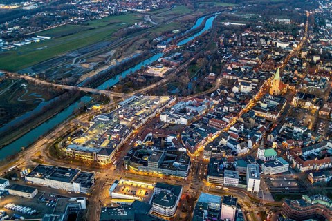 Aerial view, overview of Hamm at night, Technical Town Hall, Alleecenter ECE, Luther Church in the