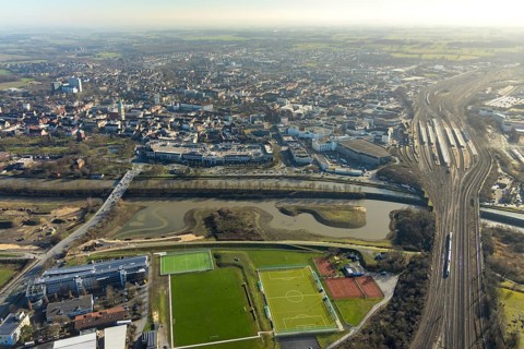 Aerial view, reconstruction Lippe, sports facility hockey and tennis club Hamm, Allee-Center, Hamm