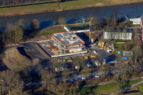 Aerial view, new construction water sports centre, construction area Adenauerallee, Hamm, Ruhr