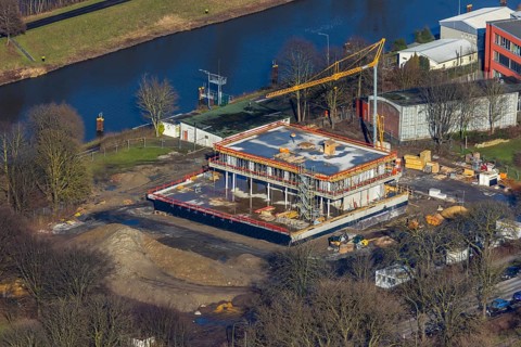Aerial view, new construction water sports centre, construction area Adenauerallee, Hamm, Ruhr