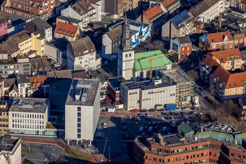 Aerial view, Martin Luther Church, church office Protestant Church District Hamm, new building
