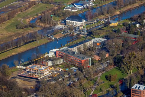 Aerial view, new construction water sports centre, construction area Adenauerallee, Gymnasium